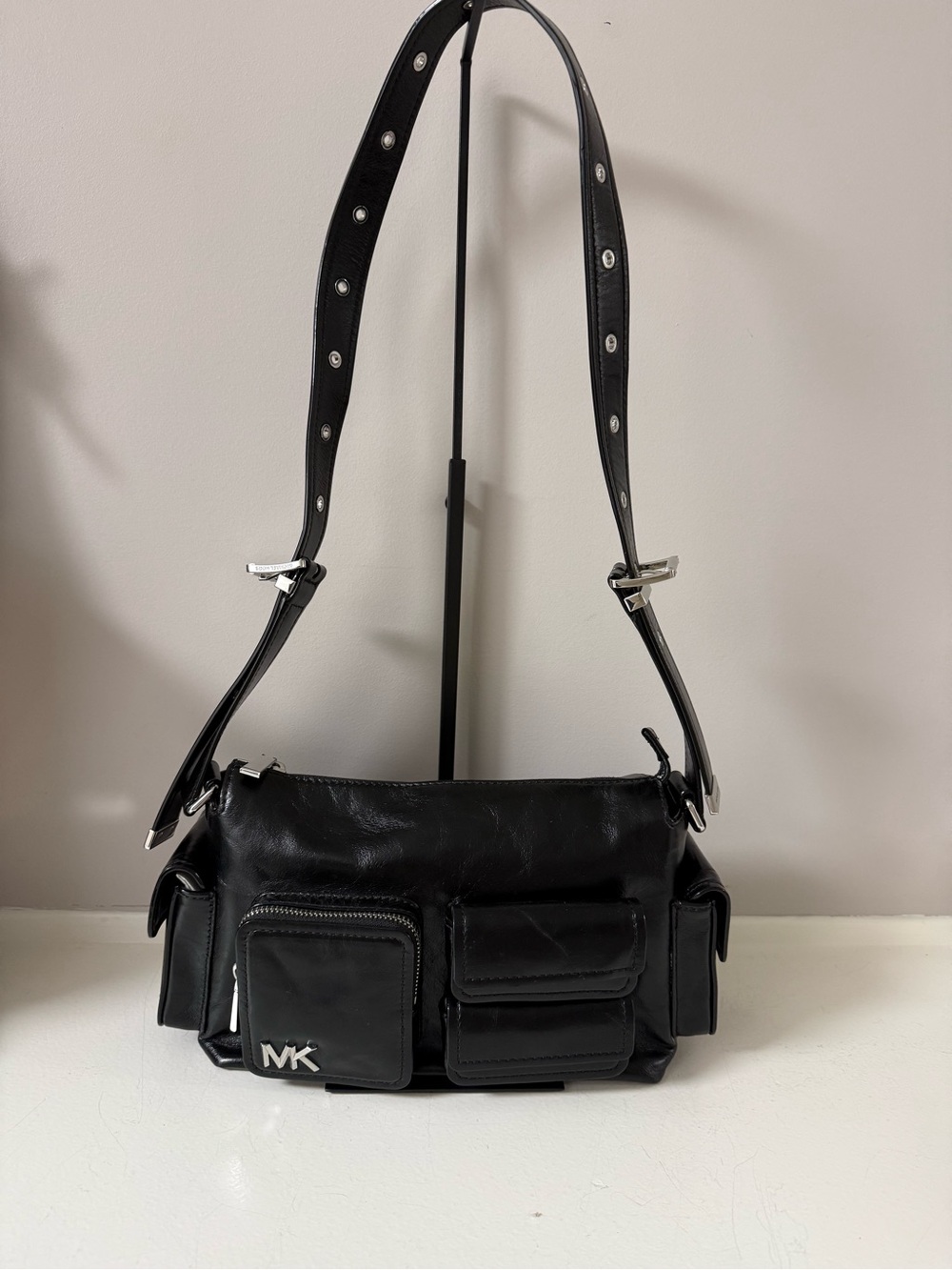 Michael Kors Black Leather Messenger Bag with Front Pockets